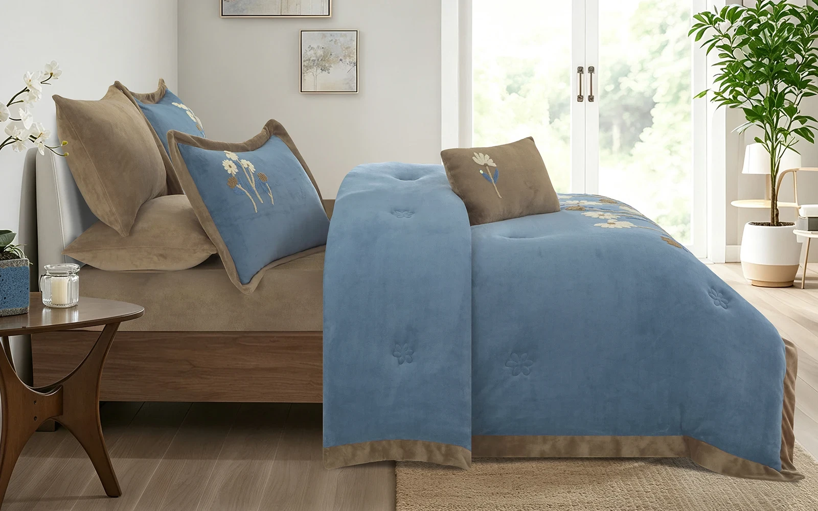 Frutteto Velvet Embroidered Comforter Bedding Set 7 PCS - King Blue & Brown
