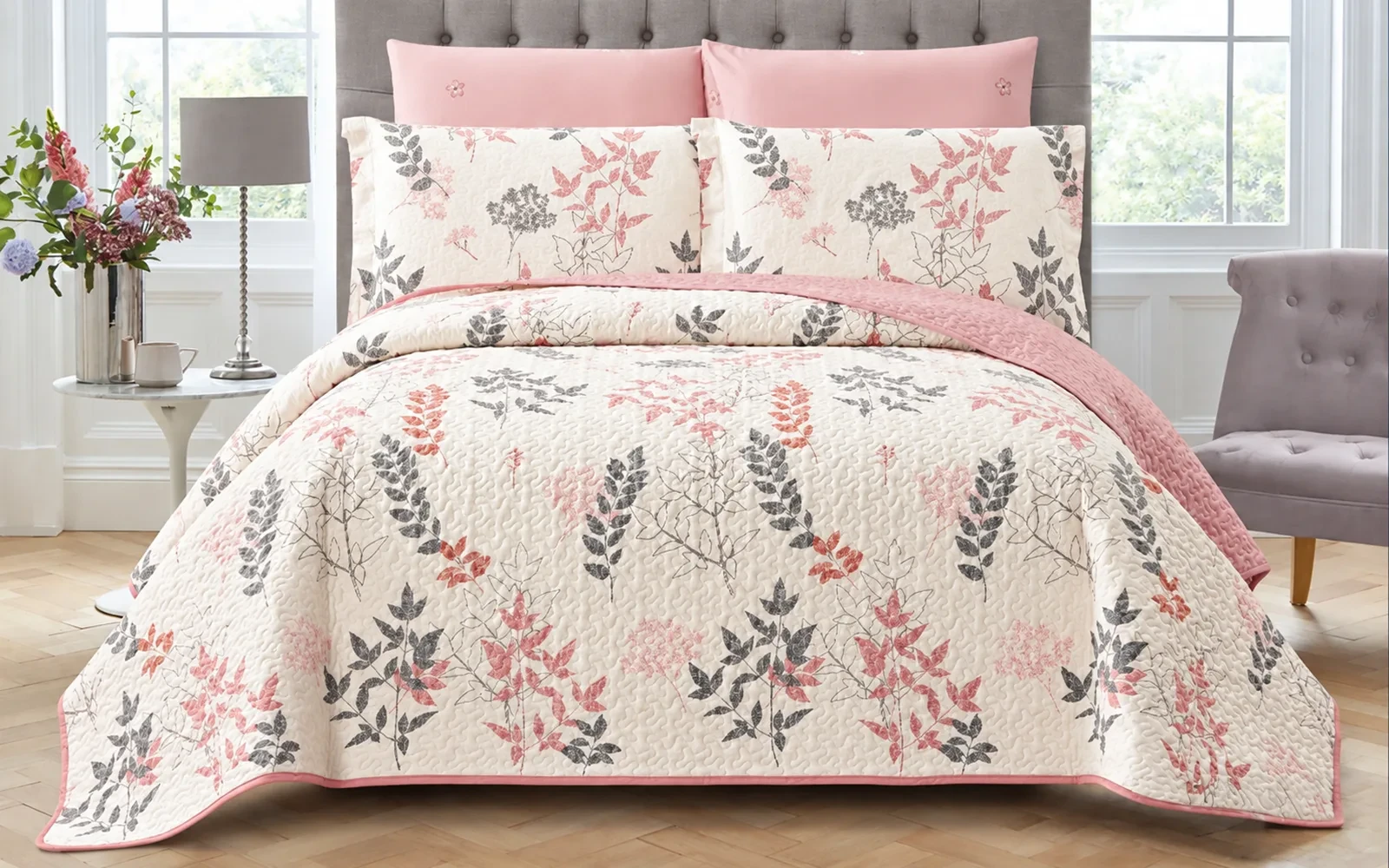 Dahlia Double Face Cotton Printed BedSpread Bedding Set 6 PCS - King Multi Color