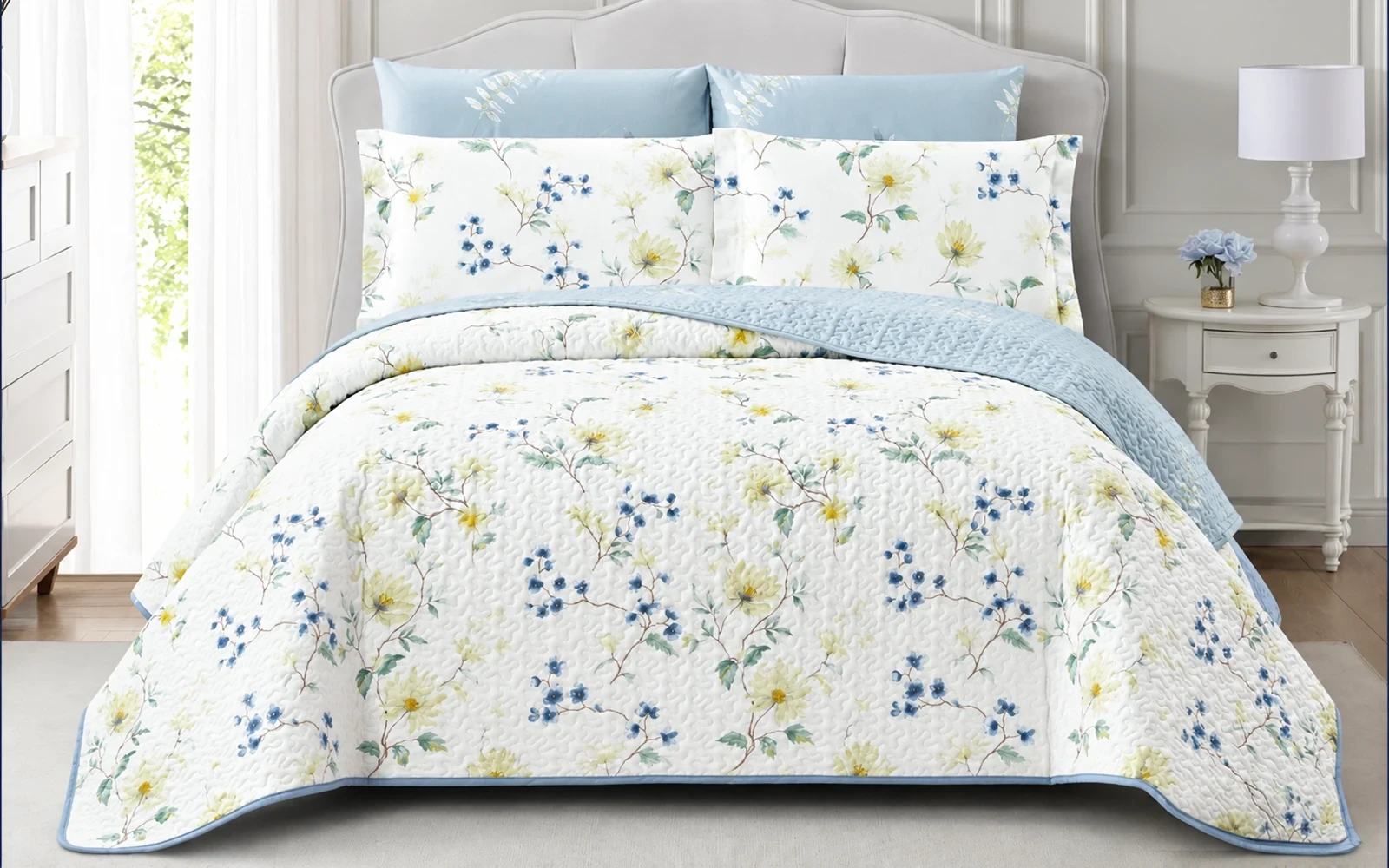 Dahlia Double Face Cotton Printed BedSpread Bedding Set 6 PCS - King Multi Color