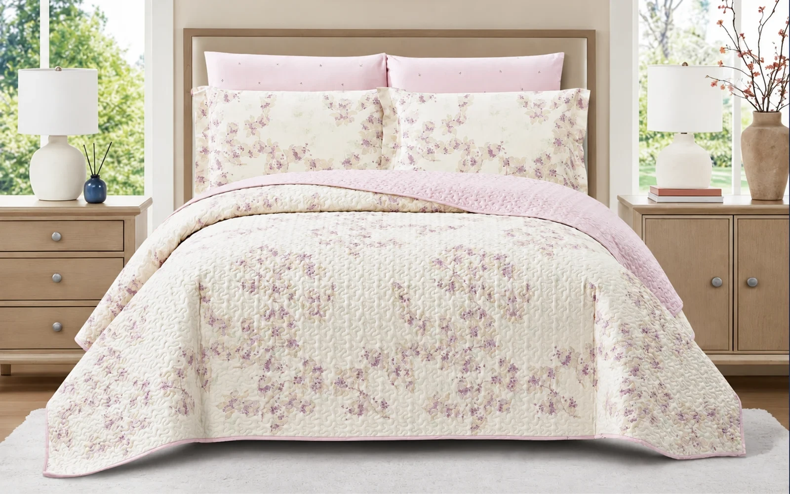 Dahlia Double Face Cotton Printed BedSpread Bedding Set 6 PCS - King Multi Color