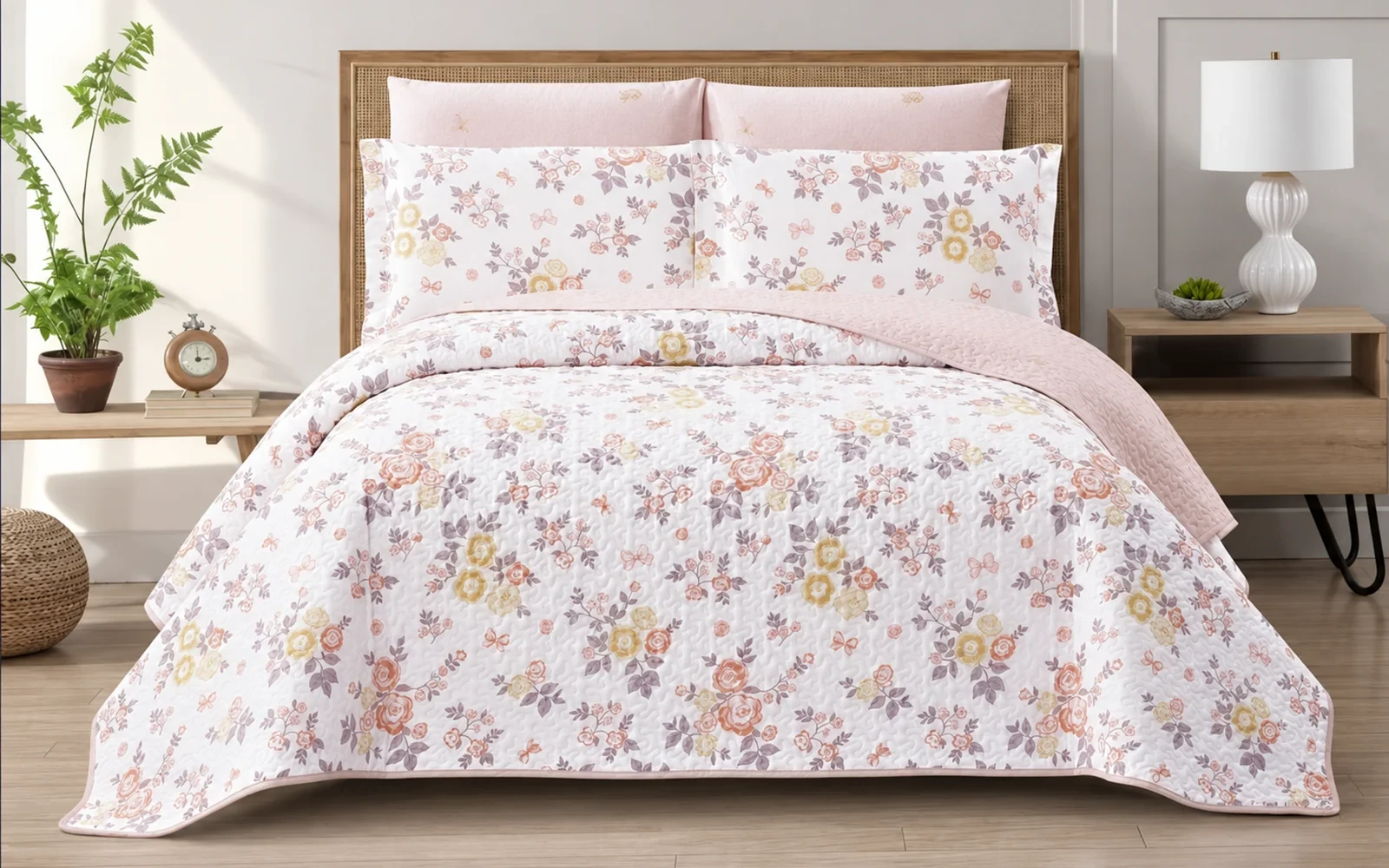 Dahlia Double Face Cotton Printed BedSpread Bedding Set 6 PCS - King Multi Color