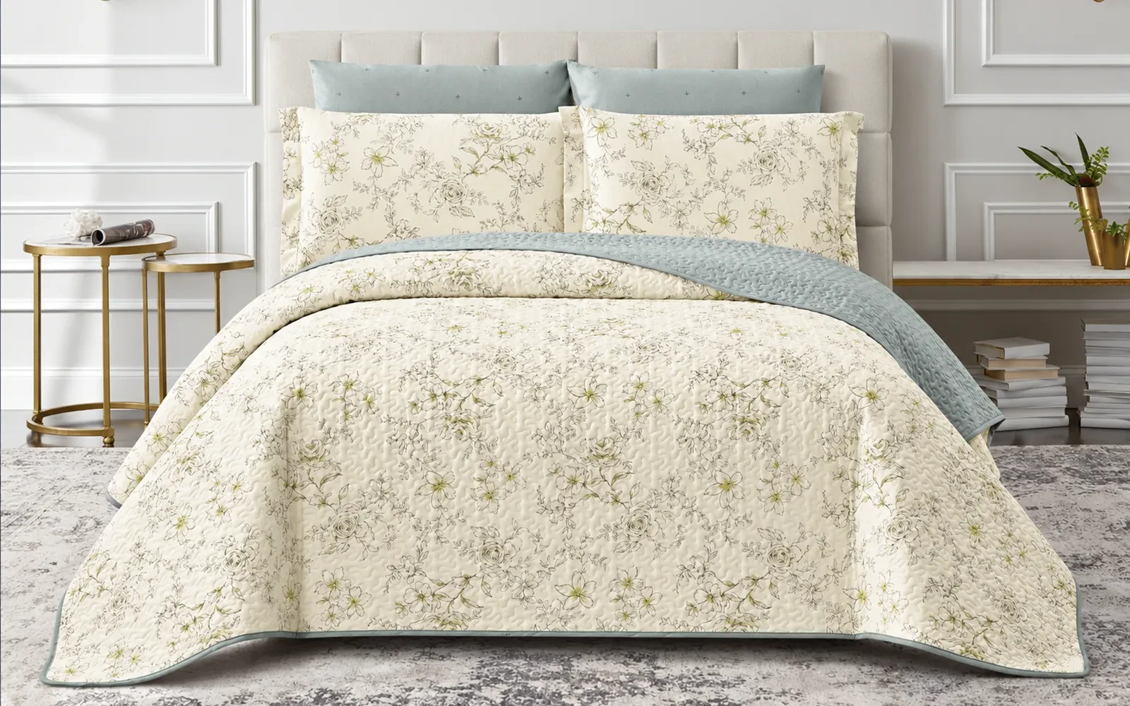 Dahlia Double Face Cotton Printed BedSpread Bedding Set 6 PCS - King Multi Color