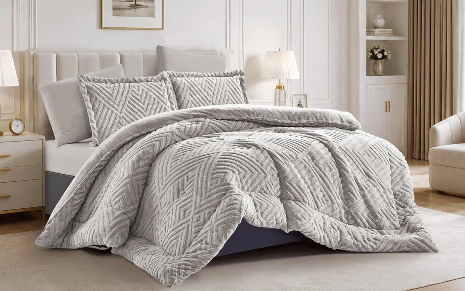 Glam Flannel Comforter Bedding Set 6 PCS - King Grey