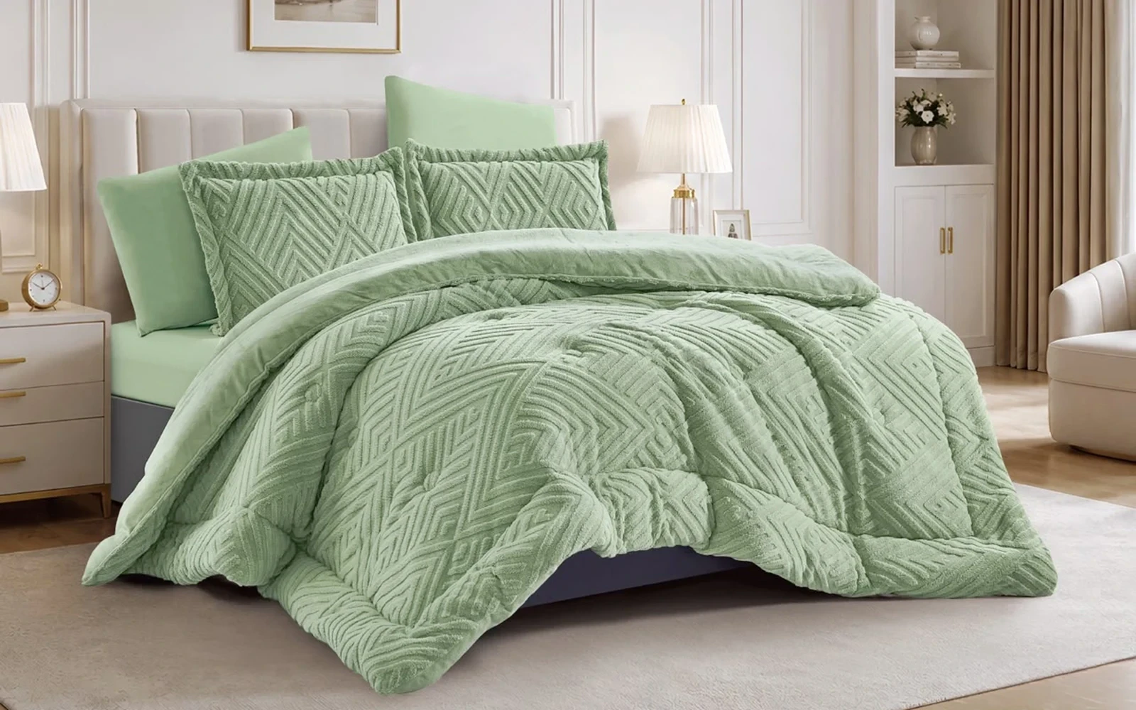 Glam Flannel Comforter Bedding Set 6 PCS - King Green