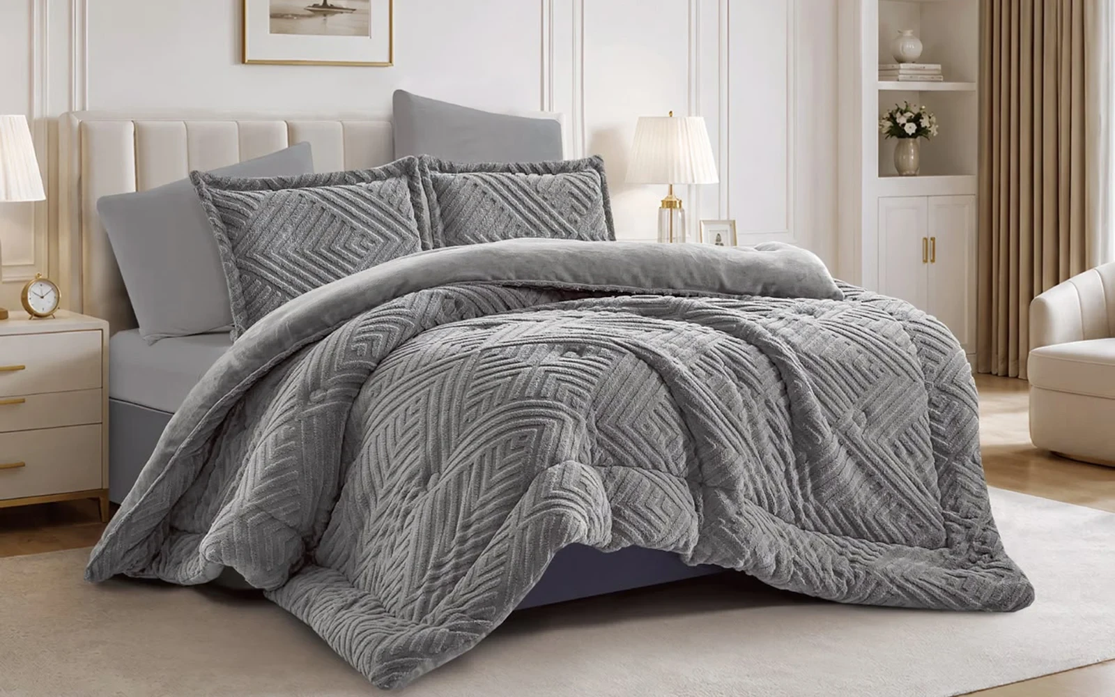 Glam Flannel Comforter Bedding Set 6 PCS - King D.Grey