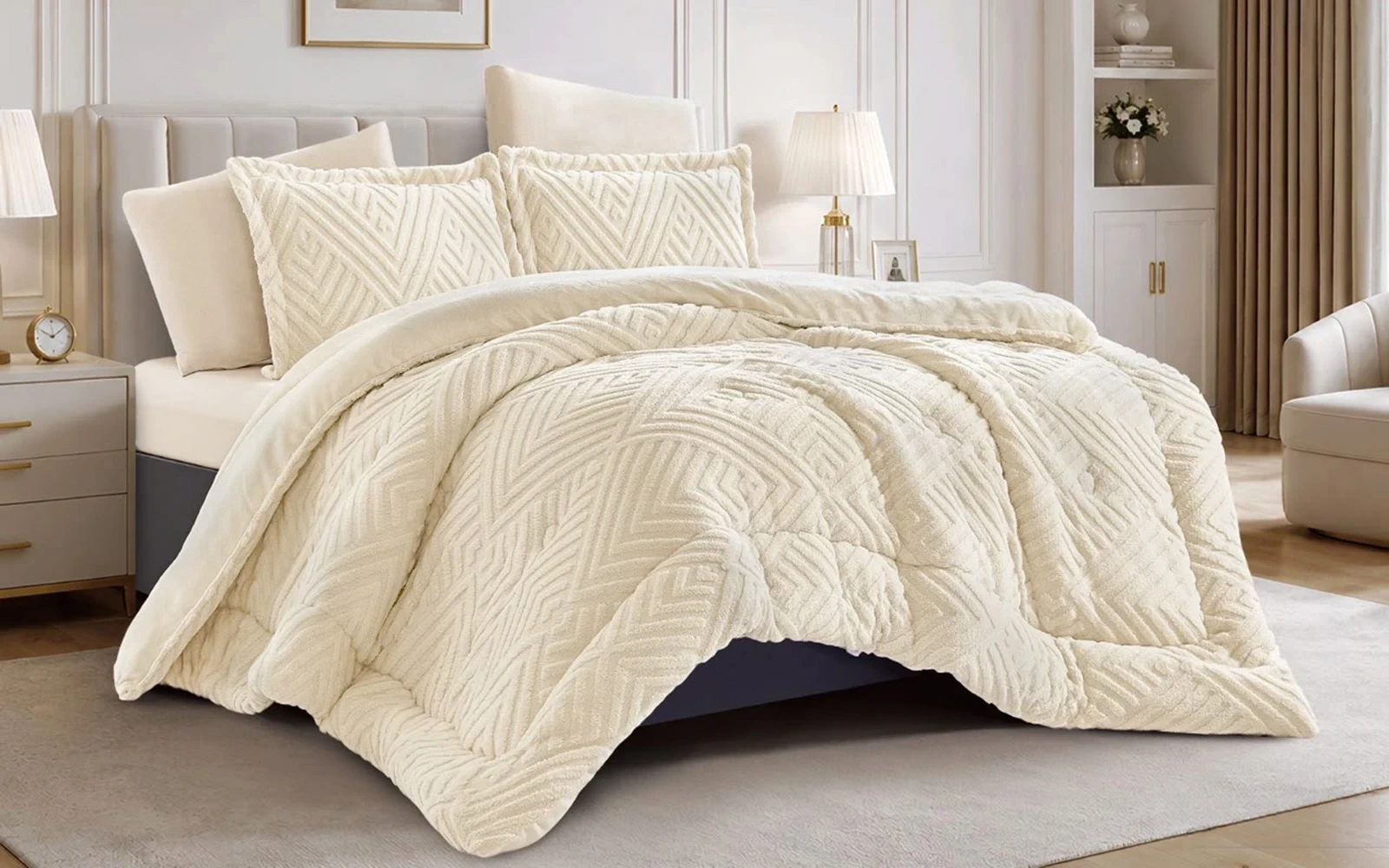 Glam Flannel Comforter Bedding Set 6 PCS - King Cream