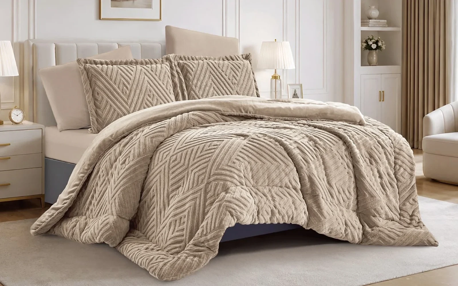 Glam Flannel Comforter Bedding Set 6 PCS - King D.Beige