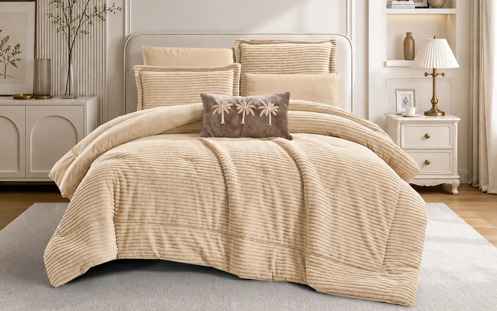 Polina Stripe Flannel Comforter Bedding Set 7 PCS - King Beige