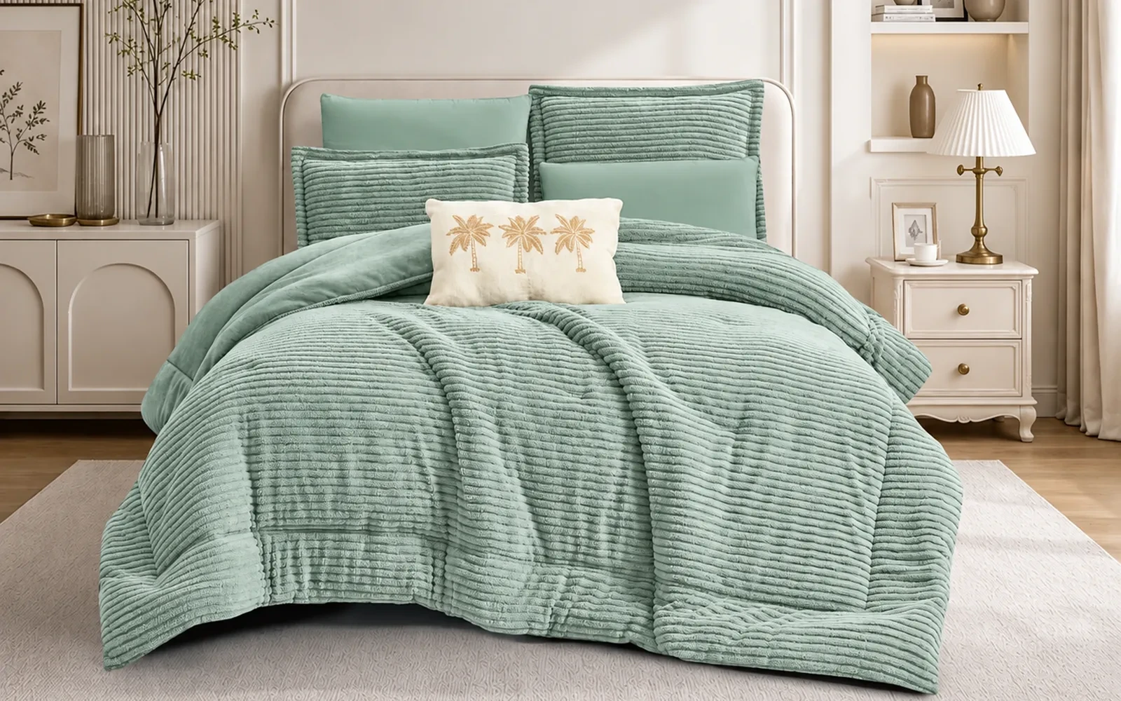 Polina Stripe Flannel Comforter Bedding Set 7 PCS - King Mint