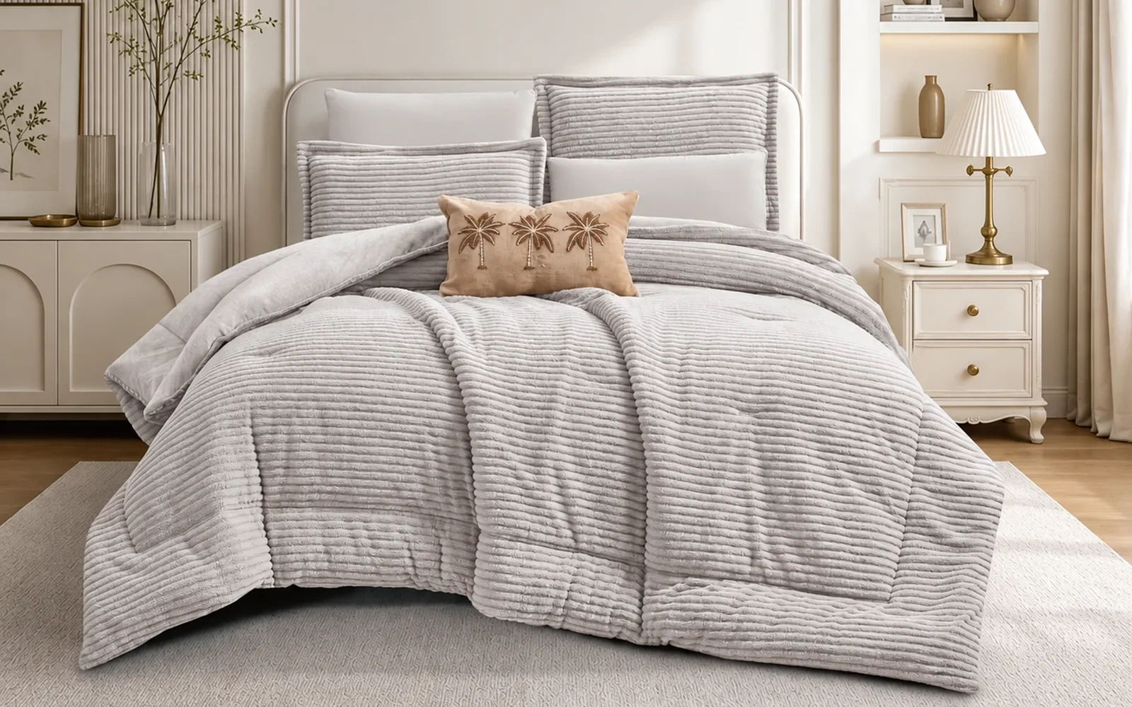 Polina Stripe Flannel Comforter Bedding Set 7 PCS - King Sand