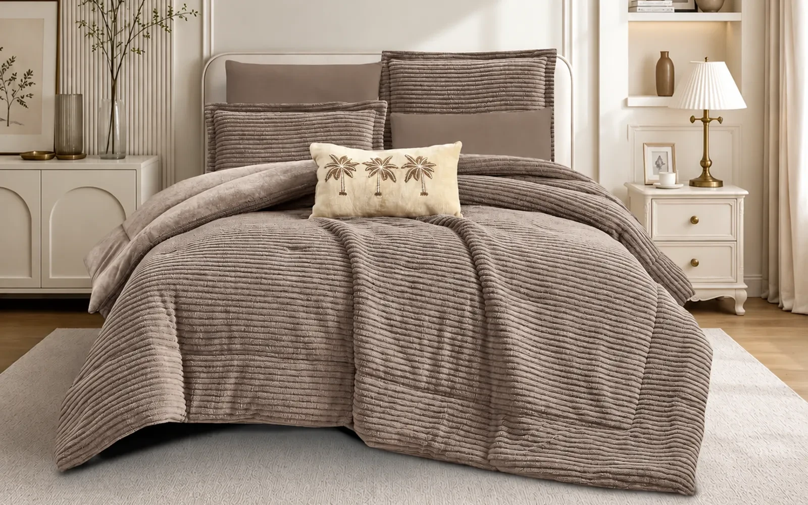 Polina Stripe Flannel Comforter Bedding Set 7 PCS - King Choco