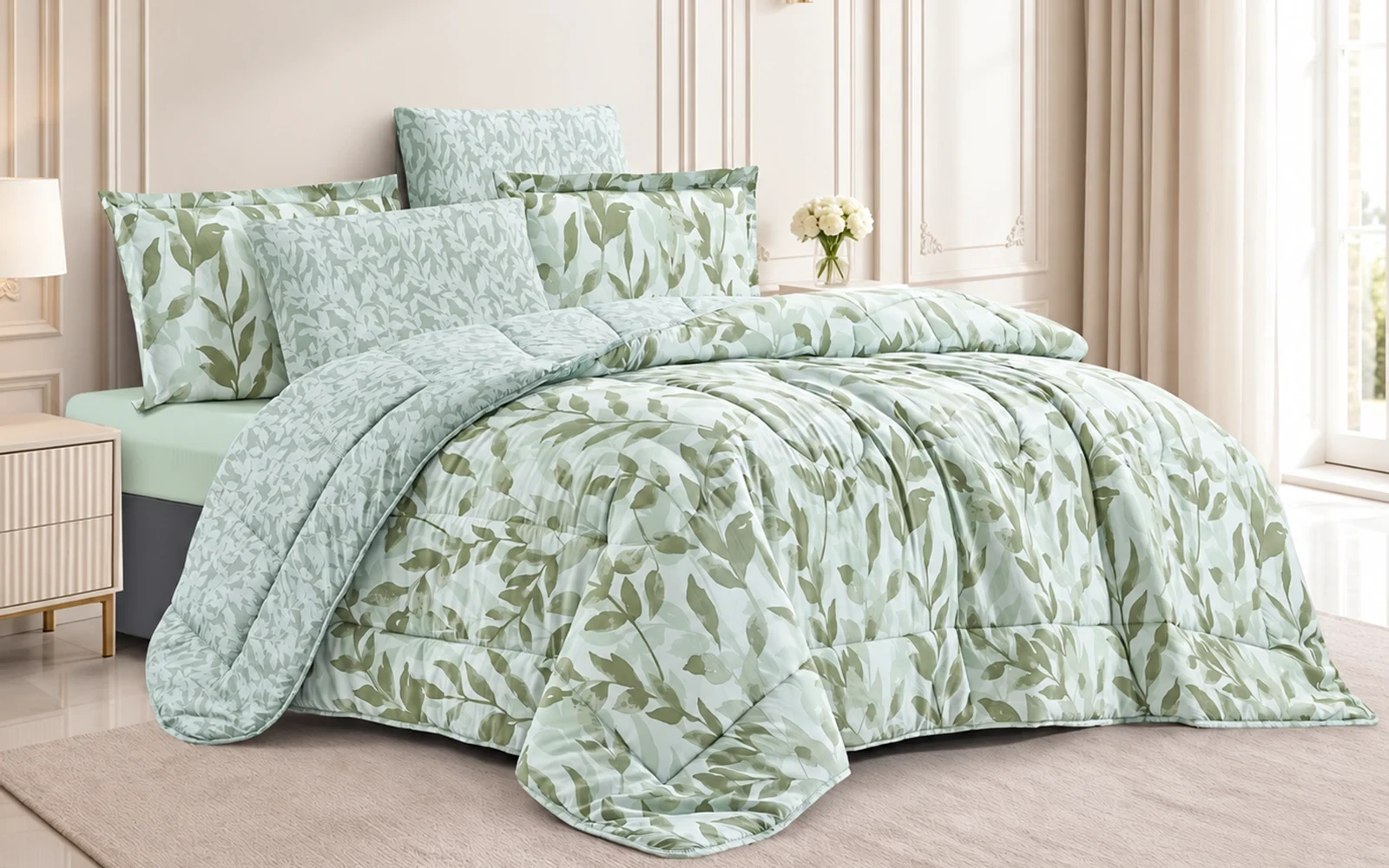 Leaves Double Face Printed Comforter Bedding Set 6 Pcs - King Multi Color