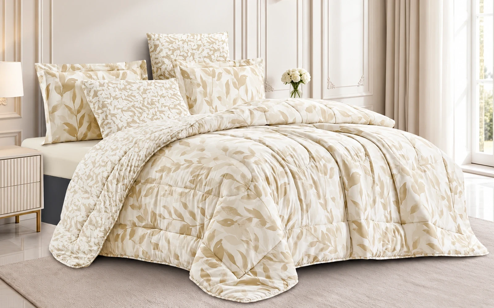 Leaves Double Face Printed Comforter Bedding Set 6 Pcs - King Multi Color
