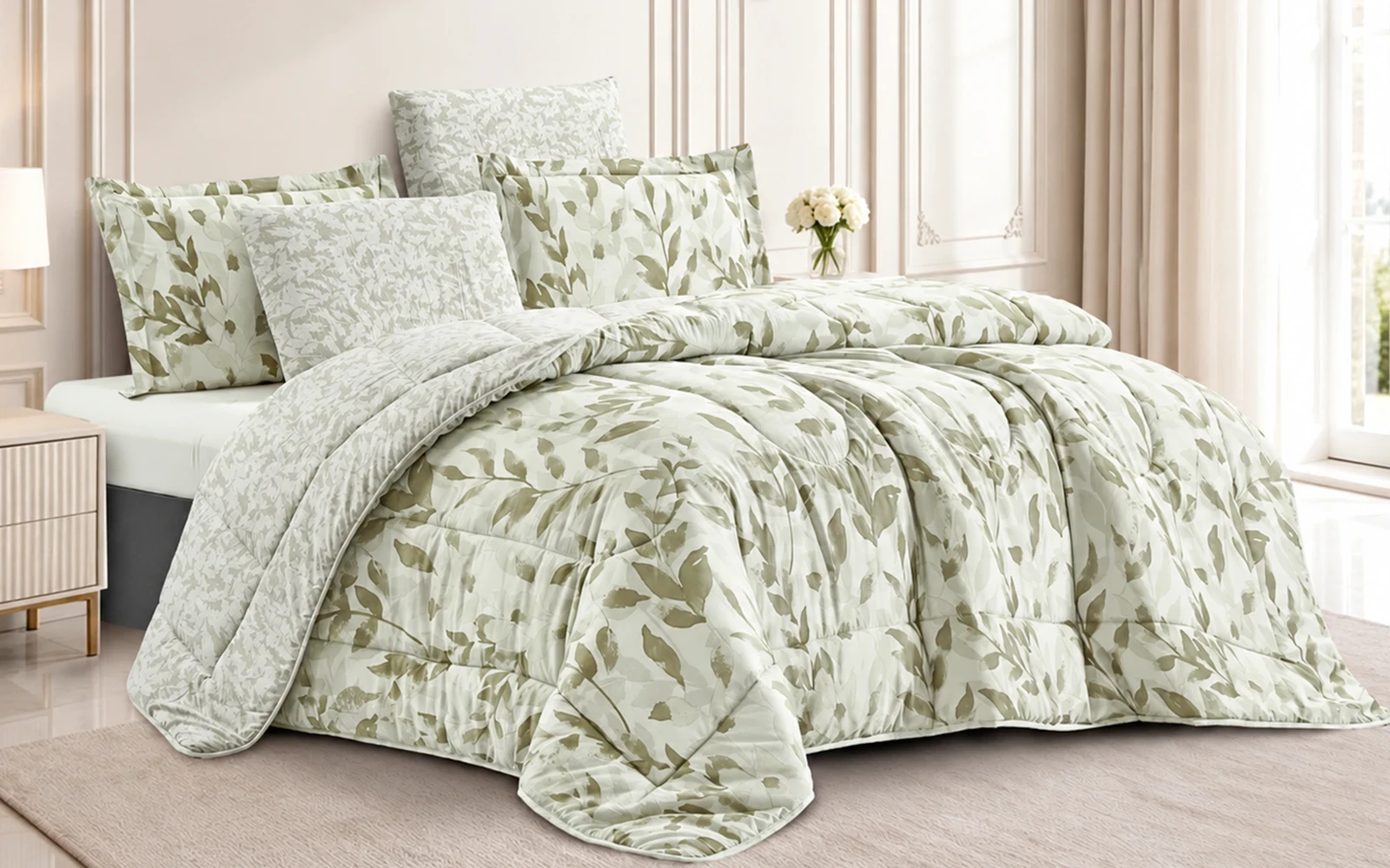 Leaves Double Face Printed Comforter Bedding Set 6 Pcs - King Multi Color