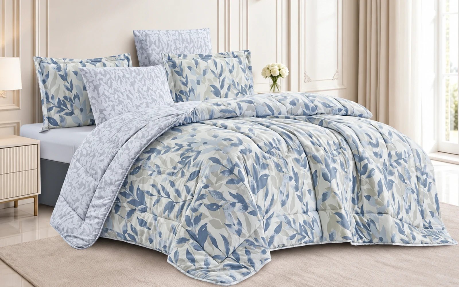 Leaves Double Face Printed Comforter Bedding Set 6 Pcs - King Multi Color