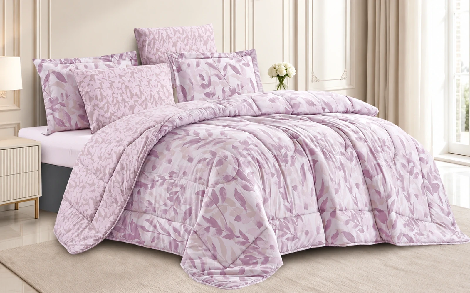 Leaves Double Face Printed Comforter Bedding Set 6 Pcs - King Multi Color