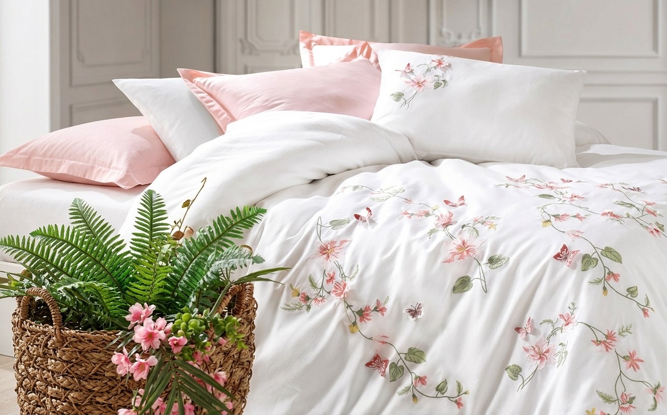 Luna 3D Turkish Luxury Duvet Cover Set 6 PCS Without Filling - King White & Pink