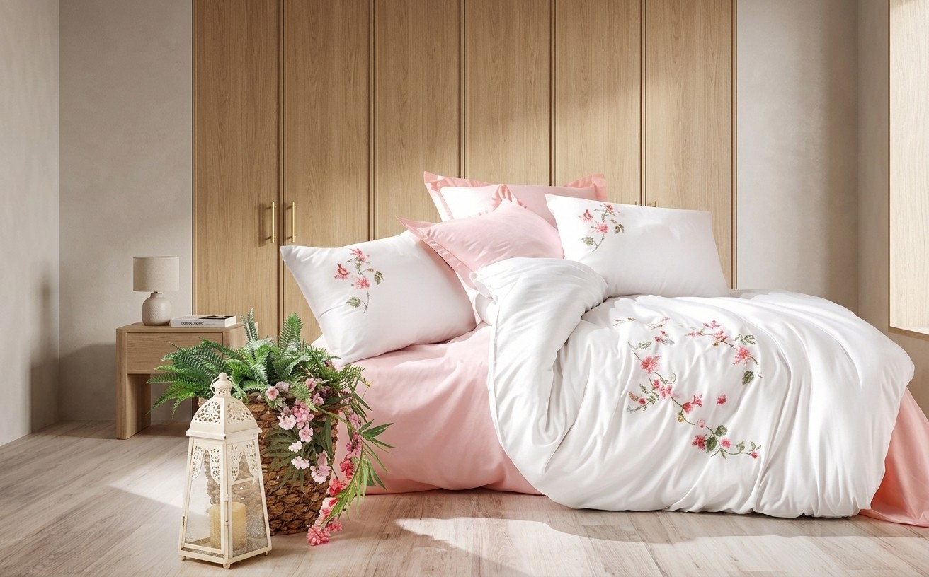 Luna 3D Turkish Luxury Duvet Cover Set 6 PCS Without Filling - King White & Pink